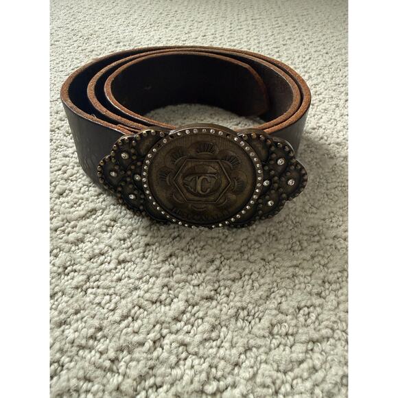 Roberto Cavalli Brown Leather Belt Large Ornate Studded Western Buckle Distress main image 4